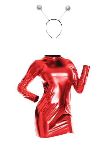 inhzoy Damen Space Girl Alien Kostüm Alien Haarreif Glänzend Metallic Kleid Set Holografic Festival Rave Outfit Fasching Kostüm Party Clubwear Rot_A S von inhzoy