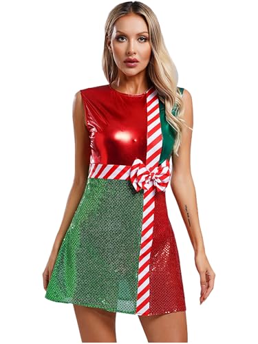 inhzoy Damen Weihnachtskleid Glitzer Miss Santa Claus Weihnachtselfe Kostüm Kleid Trikot Karneval Party X-Mas Outfit Rot 3XL von inhzoy