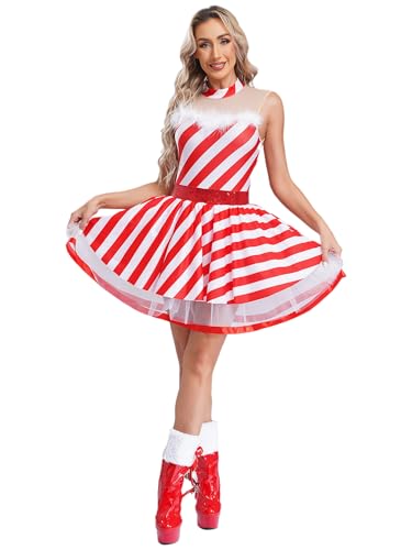 inhzoy Damen Weihnachtskostüm Weihnachten Elfen Zuckerstangen Kleid ärmellos Weihnachtskleid Tutu Ballett Tanzkleid Trikot X-Mas Outfit Rot M von inhzoy