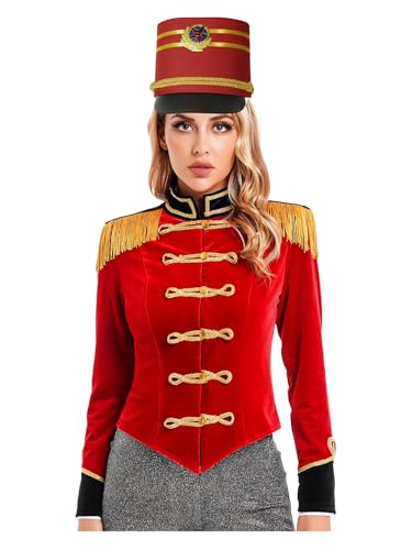 inhzoy Damen Zirkus Ringmaster Kostüm Trommler Uniform Fransen-Epaulette Jacke MIt Und Hut Halloween Fasching Kostüm Performance Outfit Rot&Hut S von inhzoy