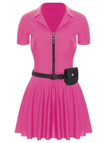 inhzoy Erwachsene Damen Kostüm Polizistin Kleid Mit Gürtel Halloween Fasching Kostüm Police Officer Uniform Mottoparty Cosplay Outfit Hotpink L von inhzoy