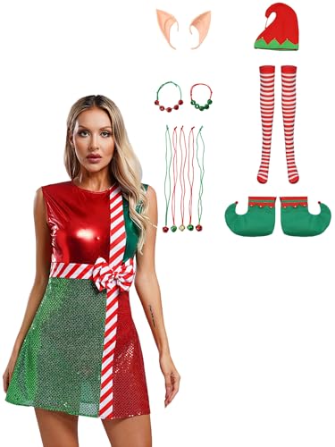 inhzoy Erwachsene Damen Kostüm Weihnachtself Kleid Mit Elfhut Elfohren Strümpfe Schuhe Wichtel Cosplay Zuberör Set Für Weihnachtsparty Karneval Rot XL von inhzoy