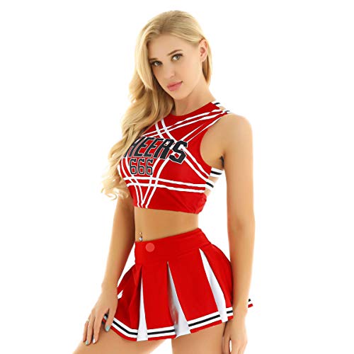 inhzoy Frauen Cheerleading Cheer Leader Uniform Set Crop Top Rückenfrei Unterhemd kurzer Faltenrock Minirock Tanz Karneval Fasching Party Halloween Kostüm Typ A_Rot S von inhzoy