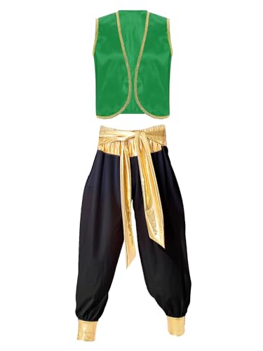 inhzoy Herren Arabischer Prinz Kostüm Araber Kleidung Weste Tops Pumphose Set Halloween Fasching Kostüm Karneval Mottoparty Outfits Grün&Schwarz_A L von inhzoy