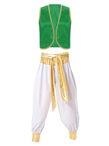 inhzoy Herren Arabischer Prinz Kostüm Araber Kleidung Weste Tops Pumphose Set Halloween Fasching Kostüm Karneval Mottoparty Outfits Grün&Weiß_A L von inhzoy