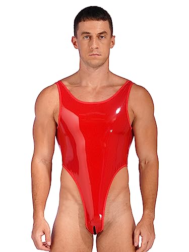 inhzoy Herren Bodysuit Wetlook Body String Thong Leotard Mit Beutel Pouch/Pennishülle Lack Leder Männerbody Unterhemd Einteile Unterwäsche D_Rot XL von inhzoy