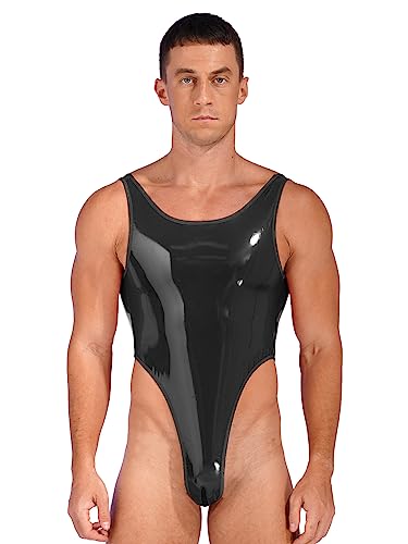 inhzoy Herren Bodysuit Wetlook Body String Thong Leotard Mit Beutel Pouch/Pennishülle Lack Leder Männerbody Unterhemd Einteile Unterwäsche D_Schwarz XL von inhzoy