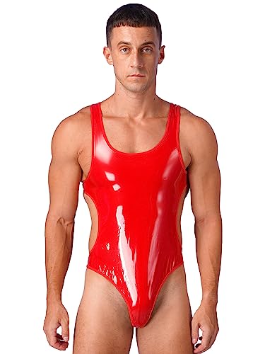 inhzoy Herren Bodysuit Wetlook Body String Thong Leotard Mit Beutel Pouch/Pennishülle Lack Leder Männerbody Unterhemd Einteile Unterwäsche F_Rot 4XL von inhzoy