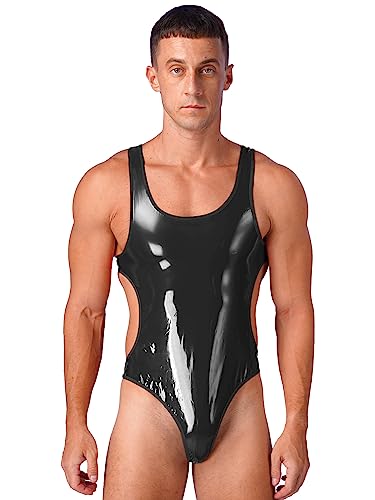 inhzoy Herren Bodysuit Wetlook Body String Thong Leotard Mit Beutel Pouch/Pennishülle Lack Leder Männerbody Unterhemd Einteile Unterwäsche F_Schwarz L von inhzoy