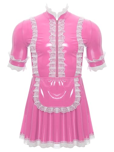 inhzoy Herren Dienstmädchen Kostüm Lack Kleid Sissy Putzfrau Kostüm Männer Karneval Halloween Junggesellenabschied Party Outfit Rosa L von inhzoy