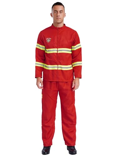 inhzoy Herren Feuerwehrmann Kostüm Helm Jacke Hose Gürtel 4-teilig Outfit Halloween Karnevalskostüm Für Mottoparty Fasching Junggesellenabschied Rot M von inhzoy