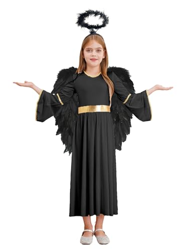 inhzoy Kinder Mädchen Engel Kleid Flügel Und Engel Heiligenschein Haarreif Weihnachten Halloween Karneval Mottoparty Kleider Schwarz 110-116 von inhzoy