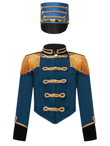 inhzoy Kinder Marschkapellen Outfit Schlagzeug Major Hut Und Fransen-Epaulette Langarmjacke Für Halloween Fasching Performance Pfau 110-116 von inhzoy