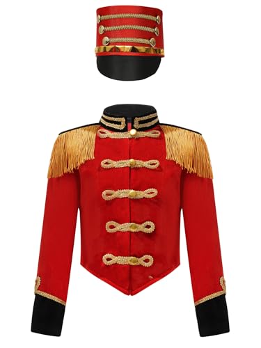 inhzoy Kinder Marschkapellen Outfit Schlagzeug Major Hut Und Fransen-Epaulette Langarmjacke Für Halloween Fasching Performance Rot 110-116 von inhzoy