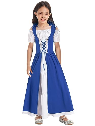 inhzoy Kinder Mittelalterliches Kleid Mädchen Renaissance Prinzessin Kleid Karneval Hallwoeen Partykleid Festkleid Ballkleid Lang Blau_A 110-116 von inhzoy