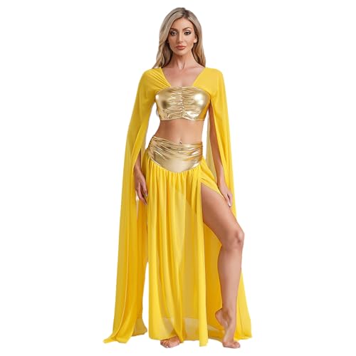 inlzdz Damen Ägyptische Königin Kostüm Kleopatra Rollenspiel Kostrüm Langarm Crop Top mit Rock Maxirock Mottoparty Fasching Kostüm Gold L von inlzdz