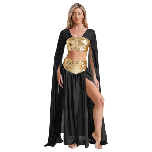 inlzdz Damen Ägyptische Königin Kostüm Kleopatra Rollenspiel Kostrüm Langarm Crop Top mit Rock Maxirock Mottoparty Fasching Kostüm Schwarz L von inlzdz