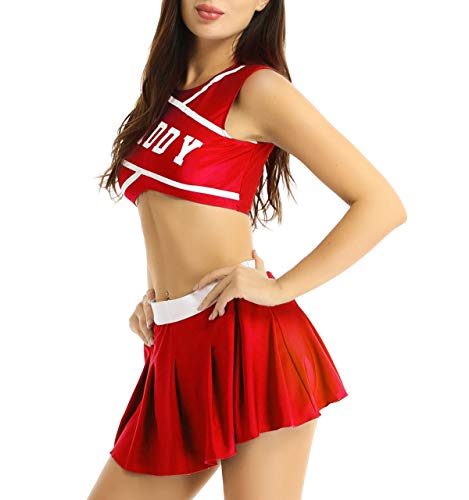 inlzdz Damen Cheerleaderin Kostüm Ärmellos Crop Top BH Oberteile mit Daddy Bedruckt gefaltet Minirock Faltenrock Schulmädchen Uniform Karneval Fasching Outfits Set Rot S von inlzdz