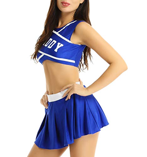 inlzdz Damen Cheerleaderin Kostüm Ärmellos Crop Top BH Oberteile mit Daddy Bedruckt gefaltet Minirock Faltenrock Schulmädchen Uniform Karneval Fasching Outfits Set Royal_Blau L von inlzdz