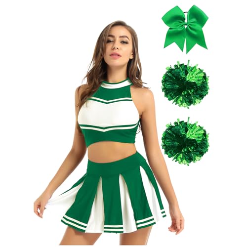 inlzdz Damen Cheerleading Kostüm Tanz Outfits Crop Top Oberteil Minirock mit Pompons Haarschmuck High School Uniform Fasching Karneval Kostüm Grün L von inlzdz