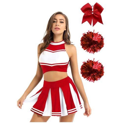 inlzdz Damen Cheerleading Kostüm Tanz Outfits Crop Top Oberteil Minirock mit Pompons Haarschmuck High School Uniform Fasching Karneval Kostüm Rot L von inlzdz