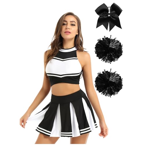 inlzdz Damen Cheerleading Kostüm Tanz Outfits Crop Top Oberteil Minirock mit Pompons Haarschmuck High School Uniform Fasching Karneval Kostüm Schwarz L von inlzdz