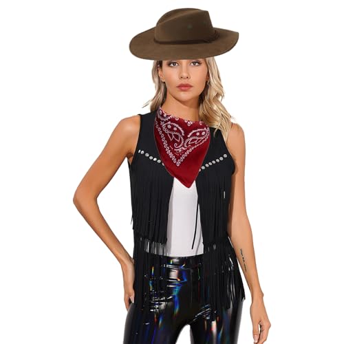 inlzdz Damen Cowboy Cowgirl Kostüm Set Halloween Fasching Kostüm Wildleder Weste Fransenweste mit Mütze Bandana Schwarz L von inlzdz