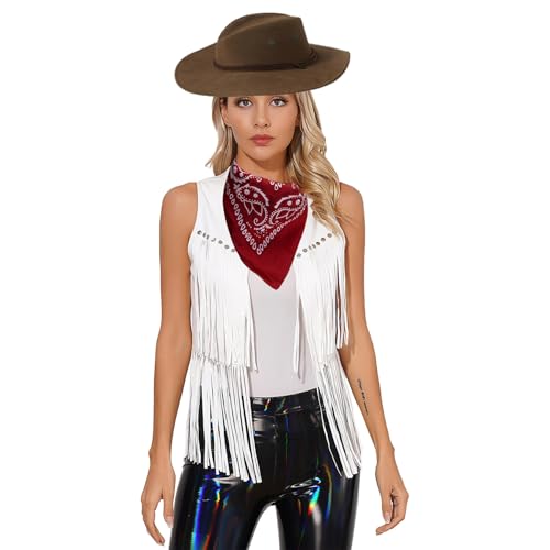 inlzdz Damen Cowboy Cowgirl Kostüm Set Halloween Fasching Kostüm Wildleder Weste Fransenweste mit Mütze Bandana Weiß XL von inlzdz