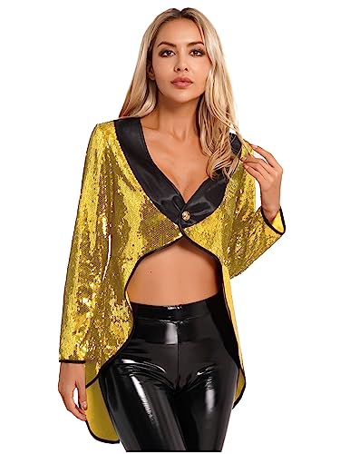 inlzdz Damen Pailletten Zauberer Frack Jacke Smoking Oberbekleidung Frauen Roter Damenfrack Halloween Verkleiden Zirkus Kostüm Gold S von inlzdz