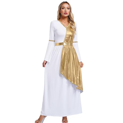 inlzdz Damen Römische Göttin Kostüm Fasching Karneval Rollenspiel Toga Kleid Langarm Metallic Maxikleid mit Trompetenärmel Gold 3XL von inlzdz