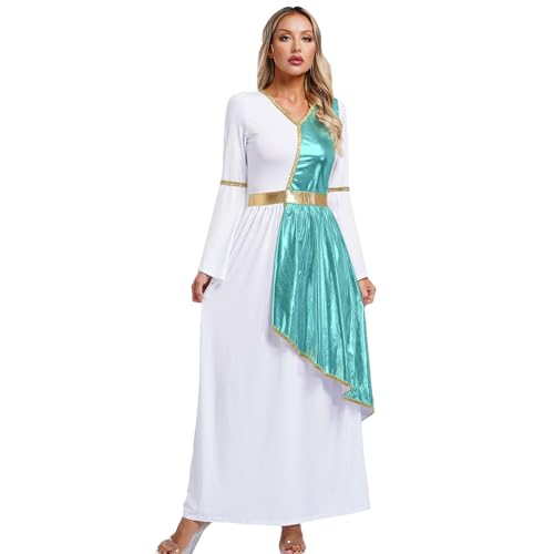 inlzdz Damen Römische Göttin Kostüm Fasching Karneval Rollenspiel Toga Kleid Langarm Metallic Maxikleid mit Trompetenärmel Himmelblau 3XL von inlzdz