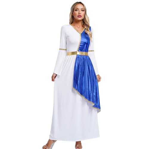 inlzdz Damen Römische Göttin Kostüm Fasching Karneval Rollenspiel Toga Kleid Langarm Metallic Maxikleid mit Trompetenärmel Königsblau 3XL von inlzdz