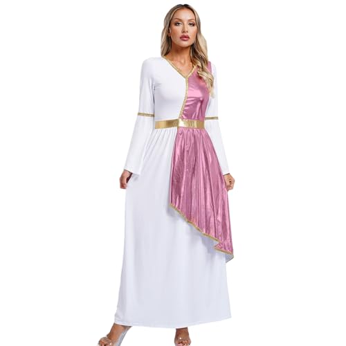 inlzdz Damen Römische Göttin Kostüm Fasching Karneval Rollenspiel Toga Kleid Langarm Metallic Maxikleid mit Trompetenärmel Rosa 3XL von inlzdz