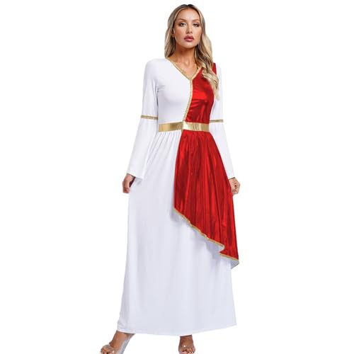 inlzdz Damen Römische Göttin Kostüm Fasching Karneval Rollenspiel Toga Kleid Langarm Metallic Maxikleid mit Trompetenärmel Rot 3XL von inlzdz