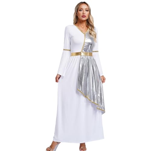 inlzdz Damen Römische Göttin Kostüm Fasching Karneval Rollenspiel Toga Kleid Langarm Metallic Maxikleid mit Trompetenärmel Silber 3XL von inlzdz