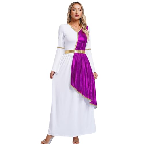 inlzdz Damen Römische Göttin Kostüm Fasching Karneval Rollenspiel Toga Kleid Langarm Metallic Maxikleid mit Trompetenärmel Violett 3XL von inlzdz