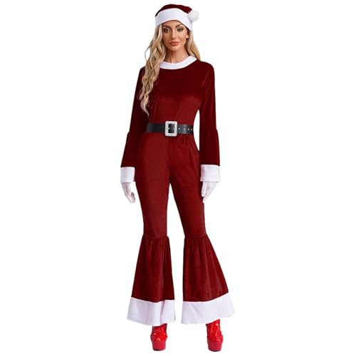 inlzdz Damen Weihnachtsmann Kostüm Overall Einteiler Body mit Zubehör Nikolaus Chrismas Cosplay Outfit Fasching Karneval Burgundy L von inlzdz