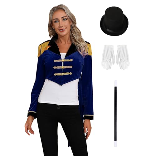 inlzdz Damen Zirkus Zirkusdirektor Kostüm Set Langarm Frack Jacke Samt Mantel mit Hut Zauberstab Handschuhe Zauberin Kostüm Mottoparty Fasching Kostüm Navy blau 3XL von inlzdz