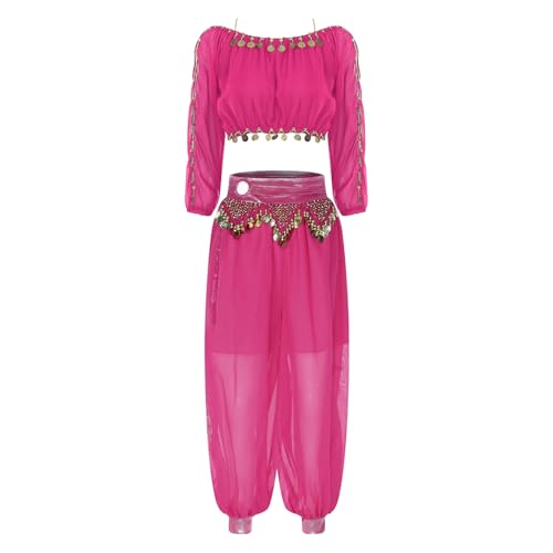 inlzdz Dammen Bauchtanz Kostüm Zweiteiler Belly Dance Tanzkostüm Langarm Crop Top Pumphose Tanzhose Mottoparty Halloween Kostüm Hot Pink Einheitsgröße von inlzdz