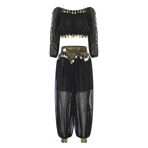 inlzdz Dammen Bauchtanz Kostüm Zweiteiler Belly Dance Tanzkostüm Langarm Crop Top Pumphose Tanzhose Mottoparty Halloween Kostüm Schwarz Einheitsgröße von inlzdz