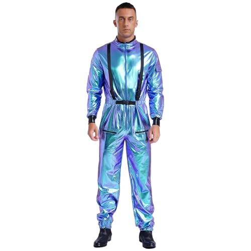 inlzdz Herren Metallic Jumpsuit Bodysuit Astronauten Kostüm Halloween Fasching Cosplay Langarm Overall Ganzkörperanzug Karneval Verkleidung Blau 3XL von inlzdz