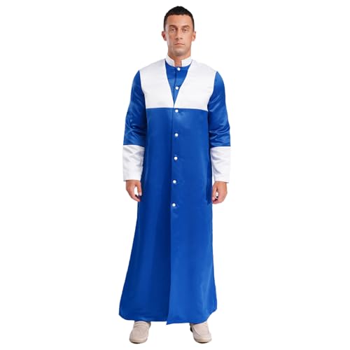 inlzdz Herren Priester Kostüm Lang Mantel Cassock Klerus Chor Robe mit Stehkragen Geistliche Anbetung Kostüm Taufkleidung Blau 3XL von inlzdz