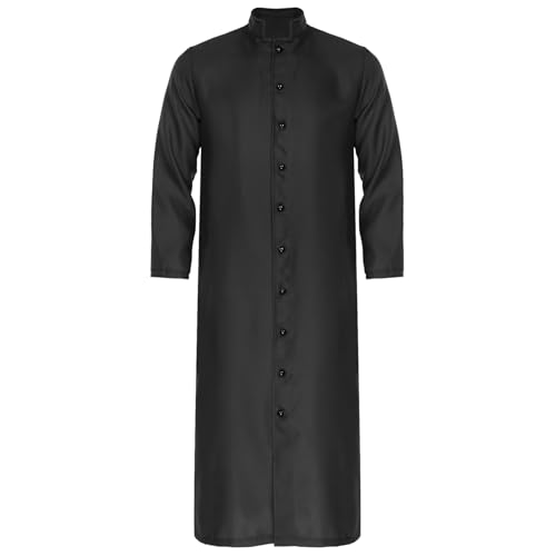 inlzdz Herren Priester Kostüm Priester Robe Mantel Langarm Tunika Button Down Halloween Fasching Klerus Pfarrer Kostüm Schwarz 3XL von inlzdz