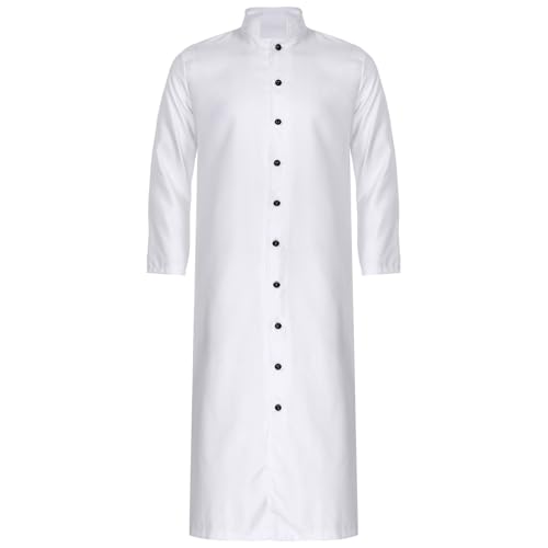 inlzdz Herren Priester Kostüm Priester Robe Mantel Langarm Tunika Button Down Halloween Fasching Klerus Pfarrer Kostüm Weiß 3XL von inlzdz