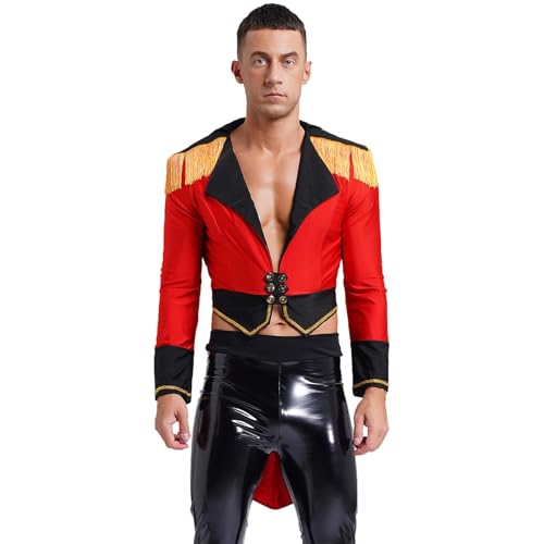 inlzdz Herren Zirkus Direktor Ringmaster Kostüm Langarm Frack Jacke Mantel Tailcoat Rollenspiel Halloween Fasching Kostüm Rot 3XL von inlzdz