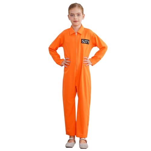 inlzdz Kinder Gefangener Kostüm Mädchen OrangeSträfling Kostüm Einteiler Overall Jumpsuit Verkleidung Halloween Karneval Kostüm Orange 110-116 von inlzdz