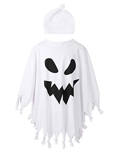 inlzdz Kinder Geisterumhang Mütze Halloween Geist Kostüm Set Umhang Quaste Hut mit Geistergesicht Baby Junge Mädchen Fasching Karneval Party Cospaly Weiß 98-104 von inlzdz