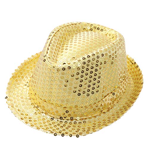 inlzdz Kinder Paillettenhut Jungen Mädchen Glitzer Hut Hip Hop Disco-Hut Trilby Hut Blink Fedora Hut für Silvester Party Karneval Fasching in 6 Farbe Gelb One Size von inlzdz