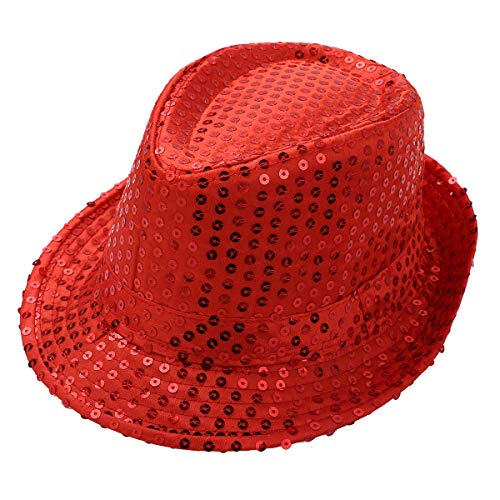 inlzdz Kinder Paillettenhut Jungen Mädchen Glitzer Hut Hip Hop Disco-Hut Trilby Hut Blink Fedora Hut für Silvester Party Karneval Fasching in 6 Farbe Rot One Size von inlzdz