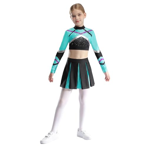 inlzdz Mädchen Cheerleading Outfit Langarm Crop Tops Kurz Tanztop mit Minirock Faltenrock Kinder Tanz Kostüm Blau Grün 110-116 von inlzdz